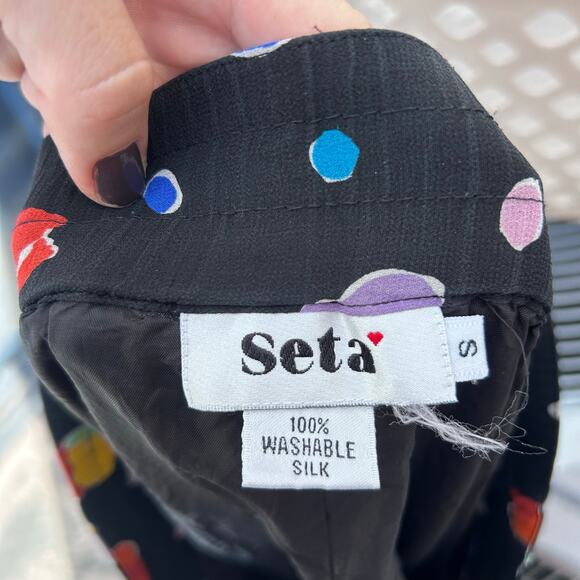 Vintage Button Front Floral 100% Silk Black Midi Elastic Back Small - Picture 3 of 5